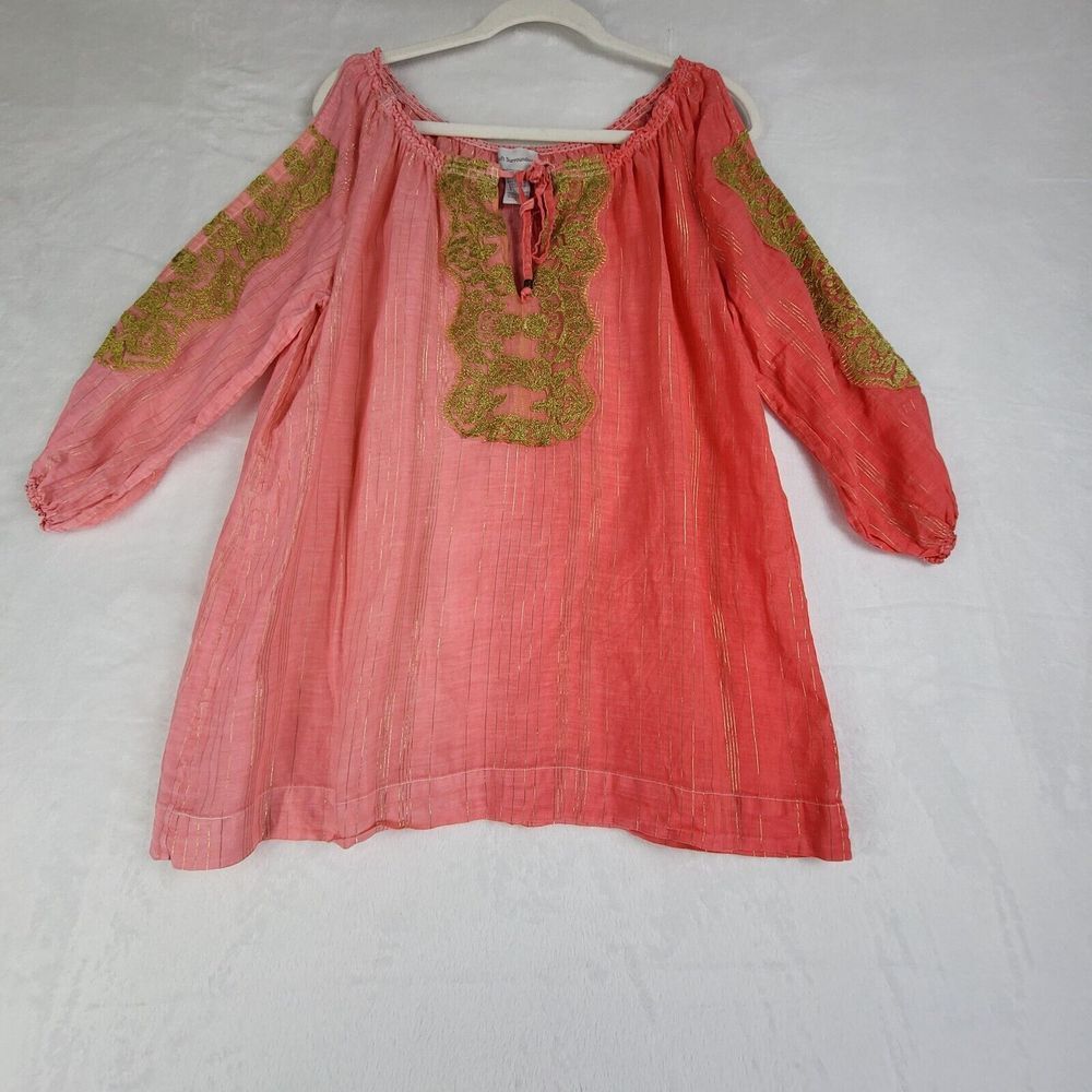 Soft Surroundings Top Women Size M Pink Pinstripe Gold Embellished Cold Shoulder